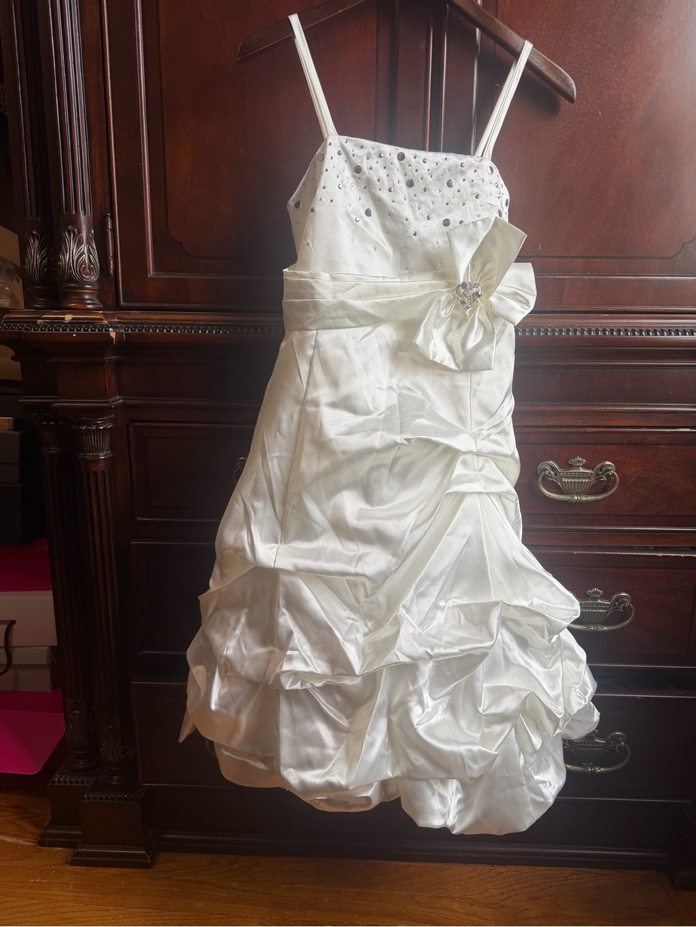 Ivory Satin Girls Formal Dress with Beaded Bodice and Bow
